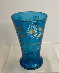 Victorian Era Pressed Glass Peacock Blue Reverse Panel Handpainted Water Tumbler