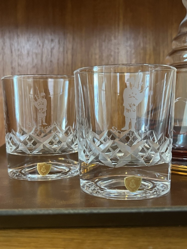 Pair Burns Crystal Scotch Whisky Tumblers Hand Cut Plaid & Etched Scotsman Logo