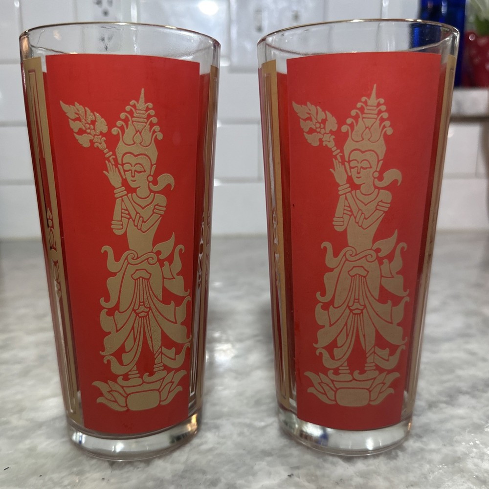 2 MCM Culver Red & Gold Glasses Hindu/Thai Goddess Lord Shiva 14oz 6.5 in