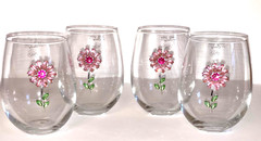 4 JEWELED PINK DAISY FLOWER STEMLESS WINE GLASSES. SET of 4. BEAUTIFUL! 5″