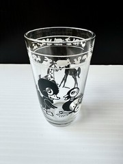 Vtg Kraft Foods “Swanky Swigs” Juice Glass Black Animal Toys Graphics 3.75” MCM
