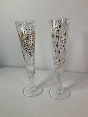 Crystal 9” Tall, Champagne Glasses W/Gold Colored Design. Lot Of Two. See Photos