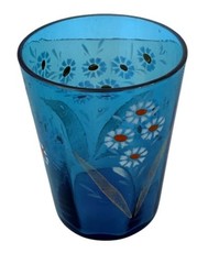 Vintage Enamel Hand‑Painted blue Glass Tumbler White Daisy Floral Design