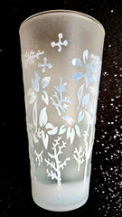 Frosted Water Glass with etched floral designs 5 in set all different unmarked