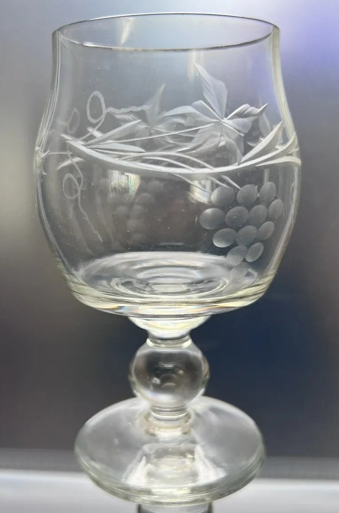 Set of 2 Cut Crystal & Etched 5″ Pedestal 8 oz Brandy Glass Grapes & Vine Design
