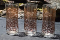 Vintage Glasses Tumblers Tall Brown Flowers 6.5 inches MCM Set of 3 New Old