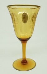TIFFIN «CHARMAIN» AMBER 6 5/8″ WATER GOBLET IRIS ETCH GOLD ENCRUSTED – 7 AVAIL.