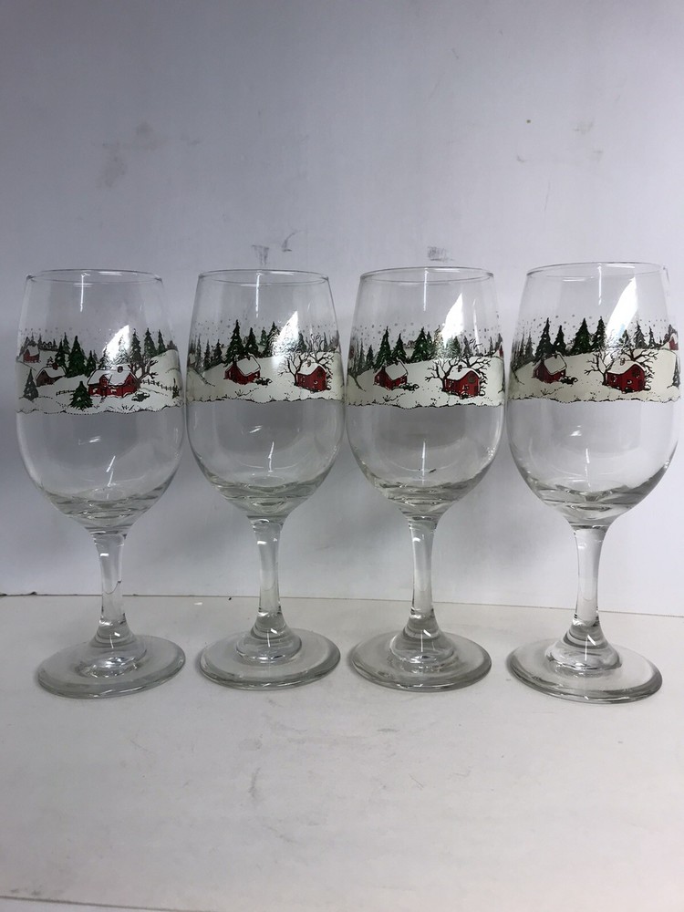 Libbey Currier & Ives Wine/ Water Goblet Christmas Winter Scene Set of 4 7 1/2”