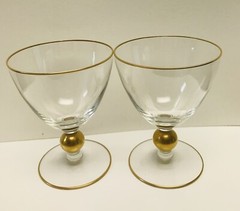Set of 2 Vintage Crystal Water Goblets Gold Trim and Gold Ball Stem 5 1/8″h