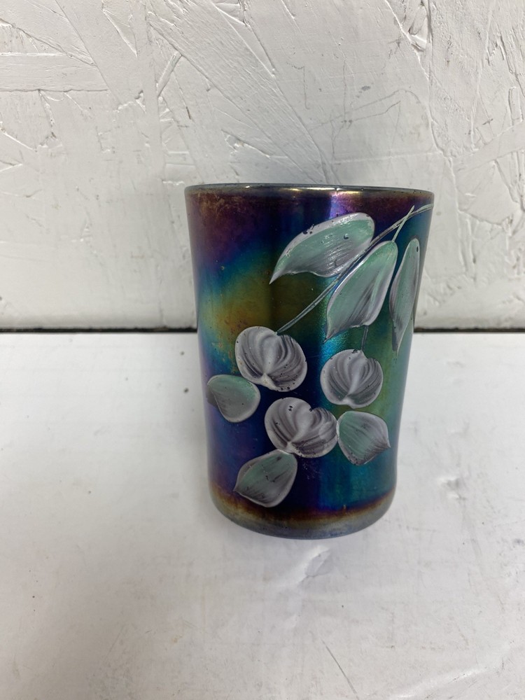 NORTHWOOD HAND PAINTED IRREDESCENT BLUE CHERRY PATTERN CARNIVAL GLASS TUMBLER