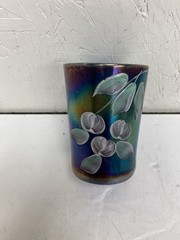 NORTHWOOD HAND PAINTED IRREDESCENT BLUE CHERRY PATTERN CARNIVAL GLASS TUMBLER