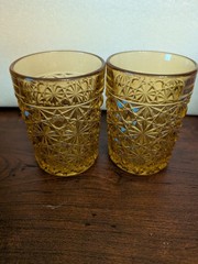 Set of 2 L.G. Wright Amber Daisy and Button Tumblers Drinking Glasses