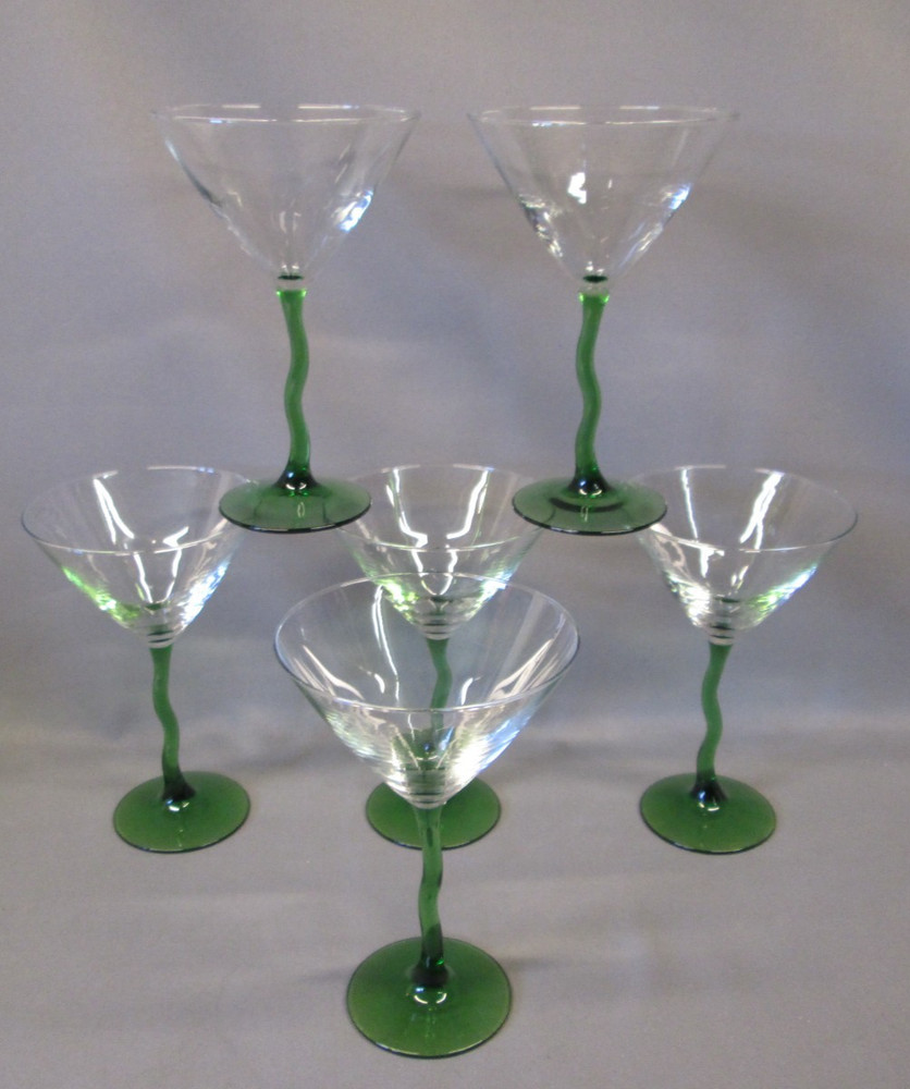 Set 6 COURBE WAVY Libbey Pedestal MARTINI GLASSES GREEN Squiggle Stem Zig Zag