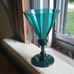 1800s FREE BLOWN PONTILED WINE GLASS PRETTY TEAL BLUE COLOR DOUBLE KNOB STEM