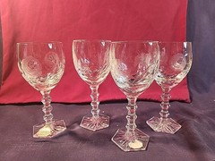 Bohemian Lead Crystal Wine Glasses Hand-cut W/Frosted Rose on Bowl,Hexagon Base