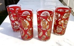 Culver Red 22K Gold Paisley 12 Oz Highball Glasses Tumblers MCM Barware Set of 4