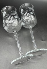 Set of 2 Vintage Wine Glasses Clear, Frosted, Flowers & Wheat Romania Goblets