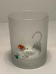 Set of 2 Vintage Culver Frosted Glass Christmas Cat Lowball Glasses 4.25 in.