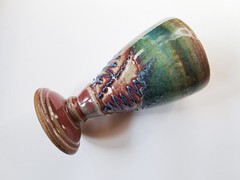 6″ Studio Pottery Chalice Goblet, Red & Green Glaze, Blue Slip-Dots