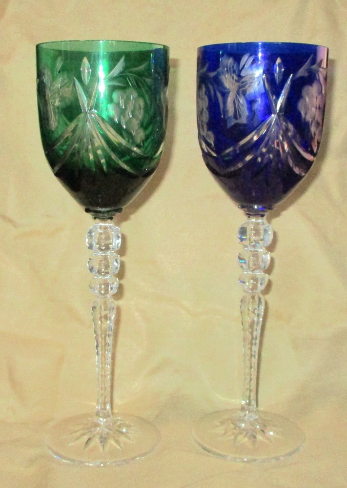 2 BOHEMIAN CUT GLASS CRYSTAL WINE STEMWARE 9 1/2″ Tall