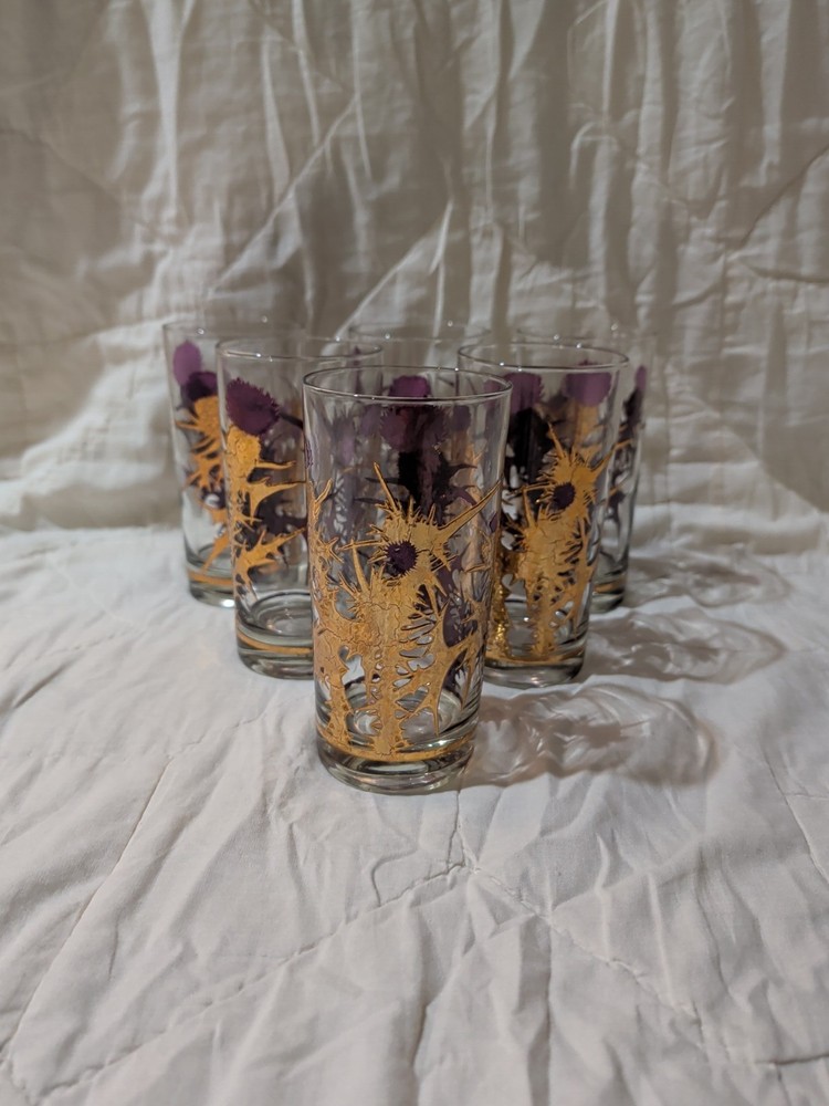 6 MCM Gregory Duncan W Virginia 22k Gold Purple Thistle Highball Glasses