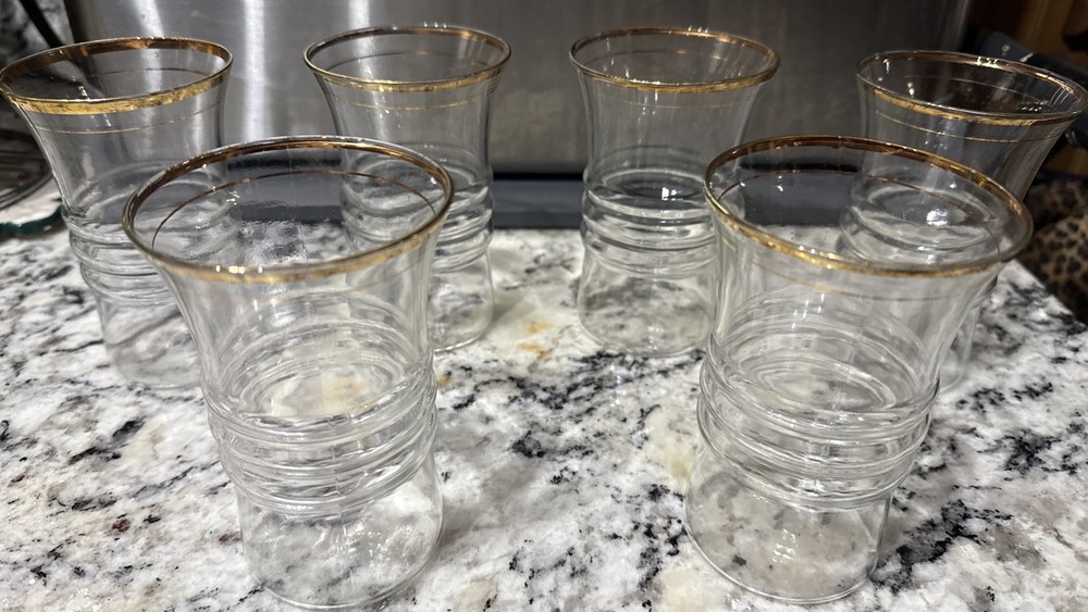Vintage Anchor Hocking 3328-GOLD Ring Design 9oz Flat Tumbler Water Glasses 6