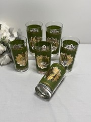 VTG Set Of 6 Federal Glass Green & Gold Starburst Highball Glasses MCM 1960s