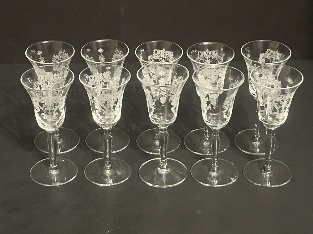 Morgantown No. 733 “Virginia” Etch 16-Panel 4-3/ 8” Optic Cordials ( Set of 10 )