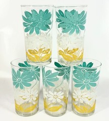 5 Piece Mid Century Modern MCM ミッドセンチュリーモダン Turquoise Daisy 6″ Juice Glasses