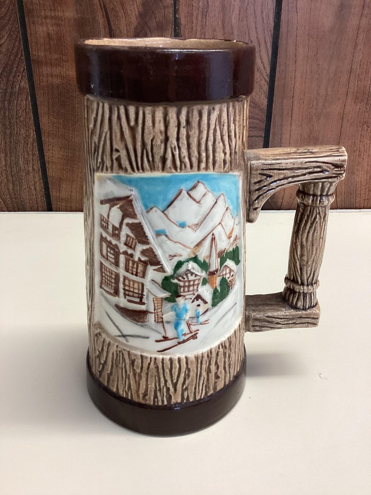 Vintage Unmarked Brown Woodgrain Beer Stein Ceramic Ski Chalet Scene Mug Barware