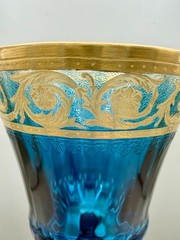 Saint Louis Thistle Blue Crystal Wine Glass 24K Gold France 8.25″ Goblet