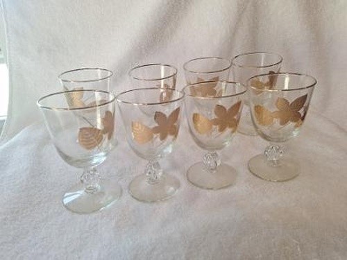 Libbey Clear Glass Cordial cups, 3 Gold Leaf Design-Set of 8