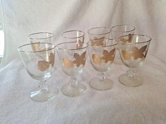 Libbey Clear Glass Cordial cups, 3 Gold Leaf Design-Set of 8