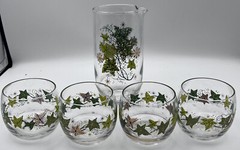 Vintage Classic Mid Century Modern Grapevine Bar Ware Pitcher Glasses
