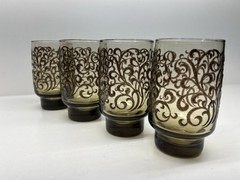 4 Vintage Libbey Prado 4.75”Water Glasses Tawny Brown Embossed Swirl Scroll 70’s