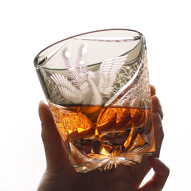 Colored Glasses Crystal Whiskey Hand Carved Glass Bohemian Amber Color 10.6oz