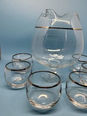 Set Of MCM Dorothy Thorpe Style Pitcher Decanter 6 Roly Poly Silver Trim Glasses