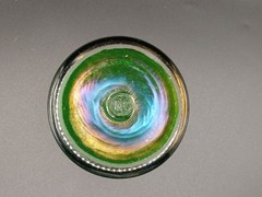 Signed RC (Robert Coleman) Studio Art Glass Tumbler Green & Gold Iridescent 3.5”
