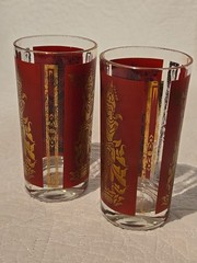 Vintage Thai Goddess Glasses Red Gold Metallic Set 2 MCM Barware