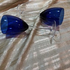 Vintage Colbalt Blue Wine Glasses 8.25” Tall 8 Oz Clear Stem Hand Blown