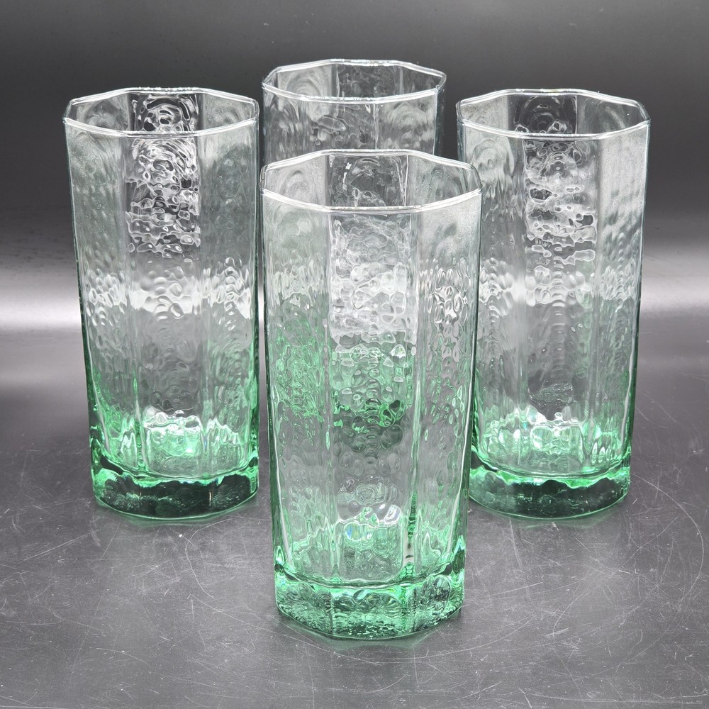 Vintage MCM Textured Green Tint Highball Glasses Set of 4 Hexagon Tumblers 6″