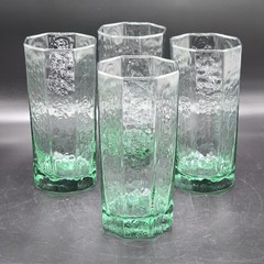 Vintage MCM Textured Green Tint Highball Glasses Set of 4 Hexagon Tumblers 6″