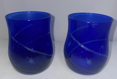 Set Of 2 Colbalt Blue & Cut To Clear Stars And Stripe Glasses 4 Inches High