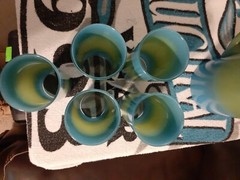 RARE Vintage 60′ MCM GREEN & BLUE Frosted Blendo Pitcher and Glass Set Ombré
