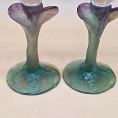 Vtg Rare Exquisite Daum France Signed Champagne Flutes Glasses Green Leaves Stem