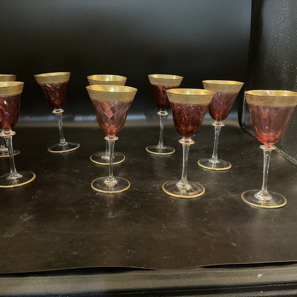 F.schmidt Austrian Glass Set Of 9 Rose Cranberry And Gold Trim Claret Glasses