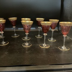 F.schmidt Austrian Glass Set Of 9 Rose Cranberry And Gold Trim Claret Glasses