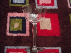 NOS CLEAR CUT CRYSTAL W FLORAL PATTERN CHAMPAGNE GLASS 3-3/4″DIA X5-3/4″H (CHIP)