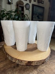 Vintage white milk glass tumbler set, 4 drinking glass set grape design about 6″