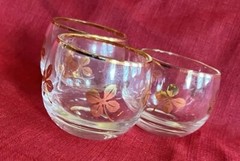 Four Leaf Clover/Shamrock Round Tumbler Glasses Set Of 3 Gold Barware Vintage